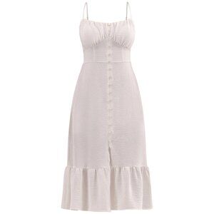 NWT, Tiered Crushed Satiny Midi Dress, Ivory Off White